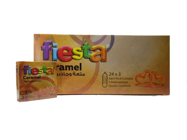 فييستا كراميل- عازل طبي محبب بنكهة الكراميل - علبة من 24 قطعة -- Fiesta Strawberry - Dotted Caramel flavored Condoms - Box of 24 packs