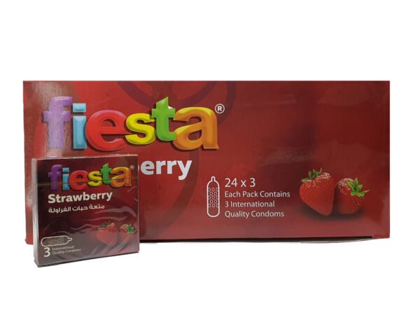 فييستا فراولة - عازل طبي محبب بنكهة الفراولة - علبة من 24 قطعة -- Fiesta Strawberry - Dotted strawberry flavored Condoms - Box of 24 packs